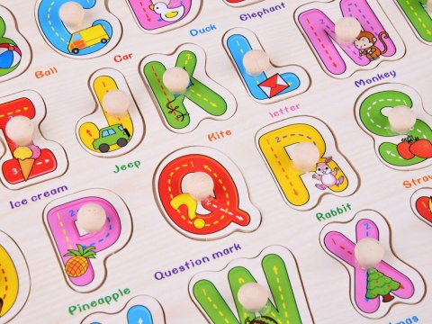 LITERKI drewniane ABECADŁO drewniane 2w1 + język angielski PUZZLE UKŁADANKA