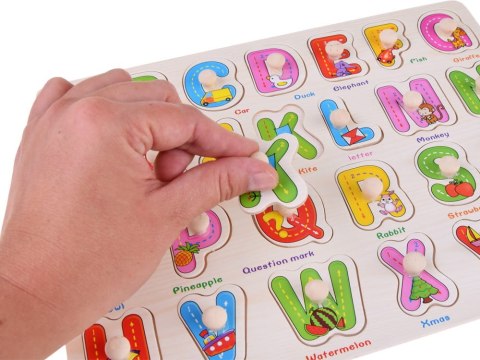 LITERKI drewniane ABECADŁO drewniane 2w1 + język angielski PUZZLE UKŁADANKA