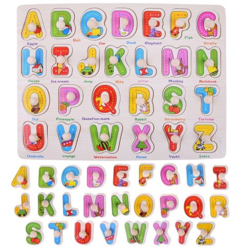 LITERKI drewniane ABECADŁO drewniane 2w1 + język angielski PUZZLE UKŁADANKA