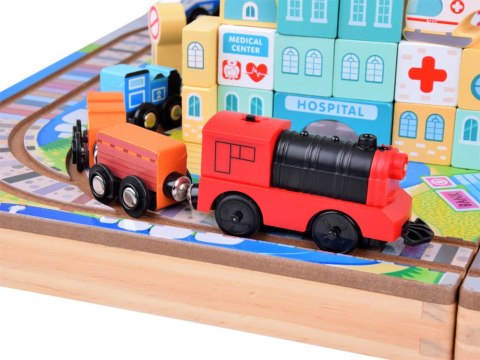 Drewniana Kolejka Zestaw Klocków zbuduj Miasto + Pociąg Walizka 89