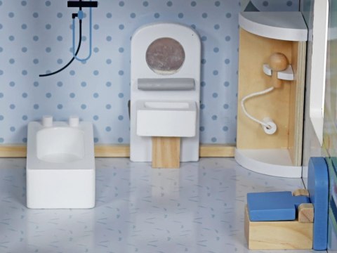 Drewniany błękitny domek dla lalek + mebelki 3 piętra teras
