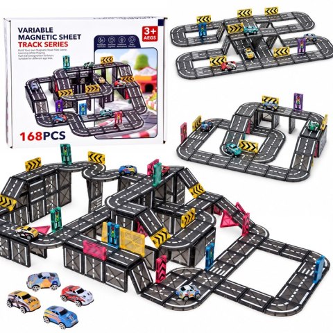 Klocki magnetyczne TOR SAMOCHODOWY 168ele + 4 auta i znaki drogowe ZA6446