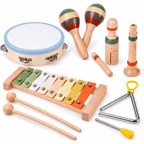 Instrumenty muzyczne DREWNIANE cymbałki, tamburyn, trójkąt - 6ele IN0191