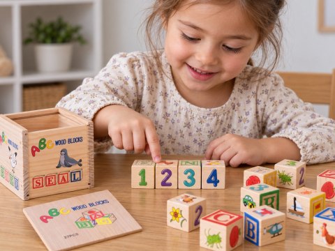 Drewniane klocki edukacyjne - litery, cyfry i obrazki ALFABET 27ele ZA6239