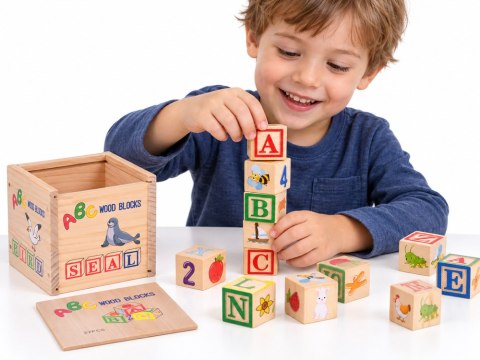 Drewniane klocki edukacyjne - litery, cyfry i obrazki ALFABET 27ele ZA6239