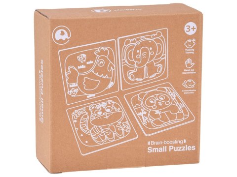 Drewniane puzzle - zestaw 4 układanek panda, słoń, kura, tygrys ZA6259