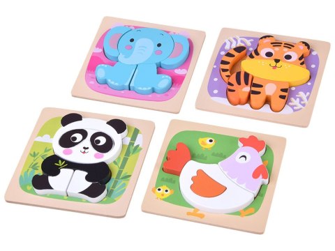 Drewniane puzzle - zestaw 4 układanek panda, słoń, kura, tygrys ZA6259