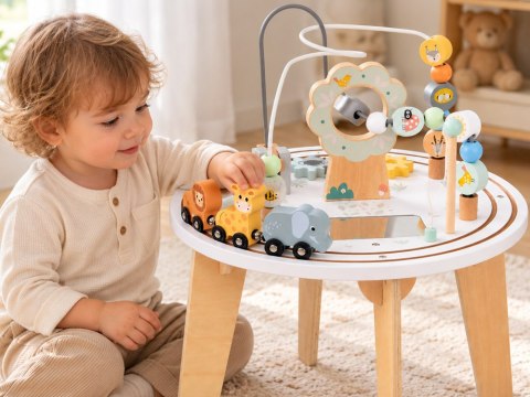 Drewniany Stolik Edukacyjny Sensoryczny Labirynt Kolejka Zwierzątka ZA6493