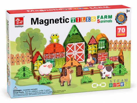 Klocki magetyczne FARMA 70ele - 5 zwierzątek, stodoła, płoty, drzewa ZA6385